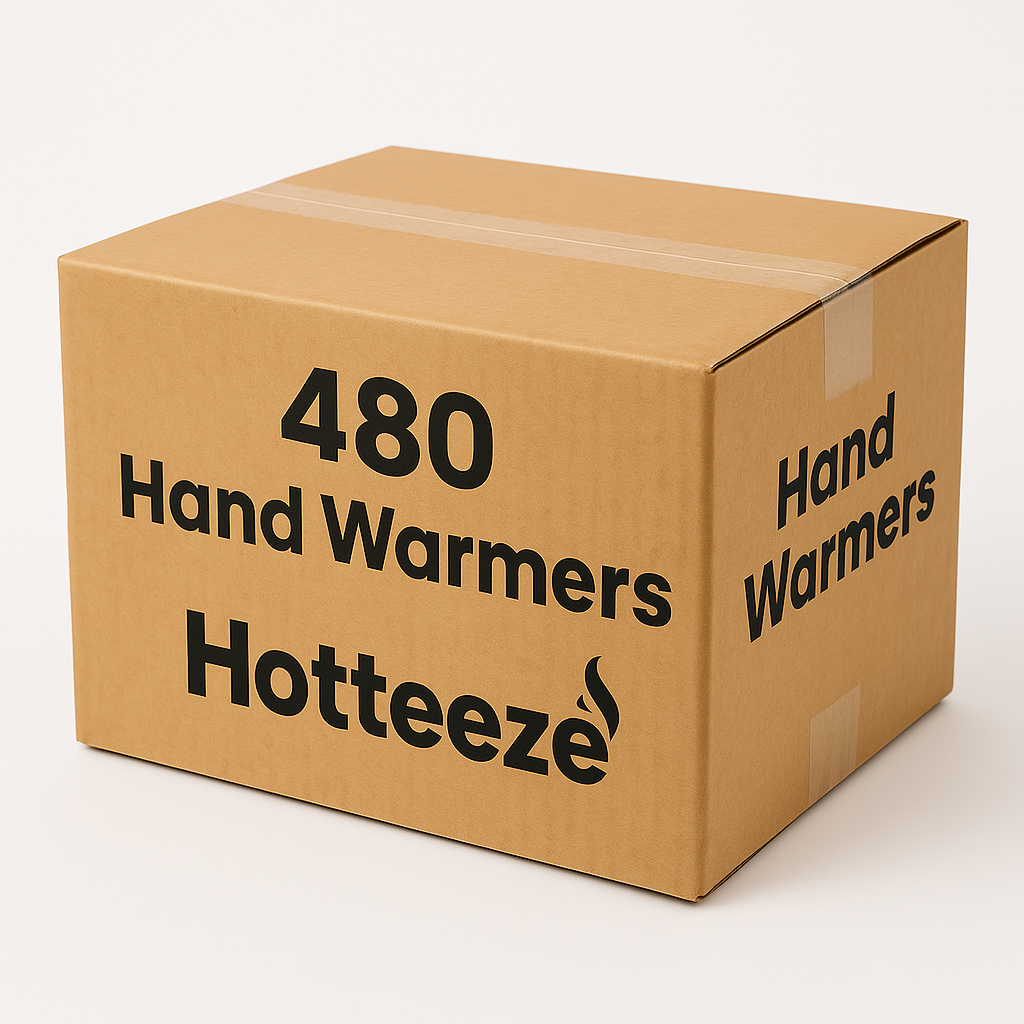 Brown cardboard shipping box labeled “480 Hand Warmers Hotteeze” in black text, sealed with clear packing tape