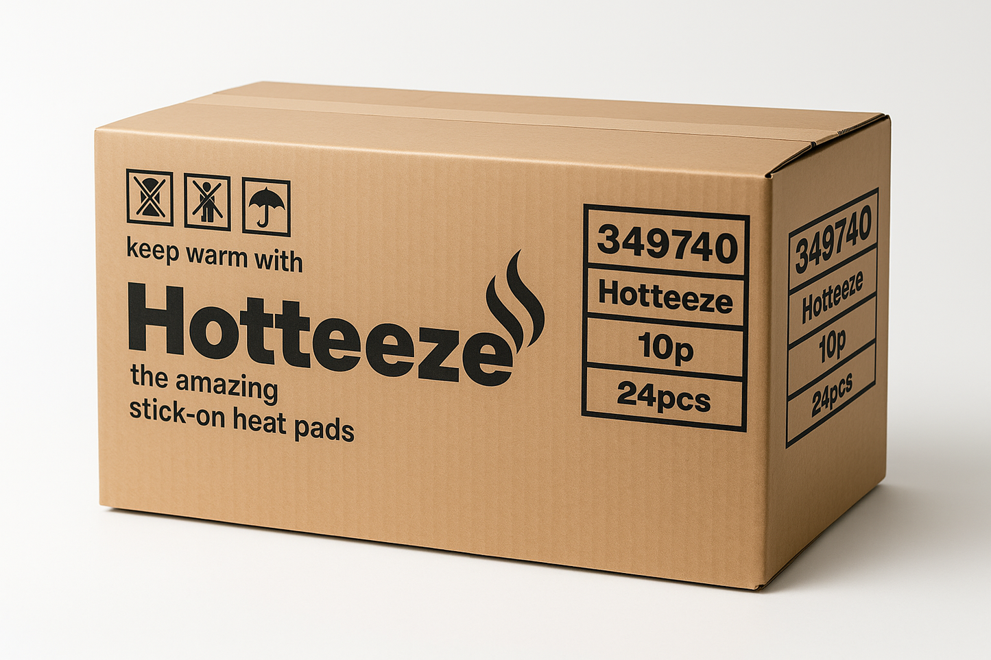 Brown cardboard shipping box labeled “Hotteeze the amazing stick-on heat pads” with product code 349740, containing 24 packs of 10 pads each, displayed against a plain background.